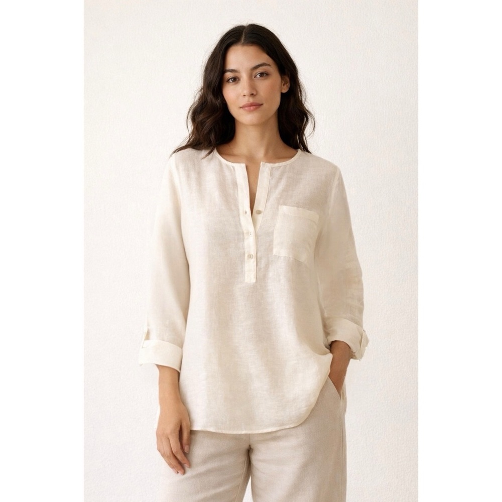 Linen Cotton Tunic Adjustable Long Sleeves Tunic Top Cream Size Medium